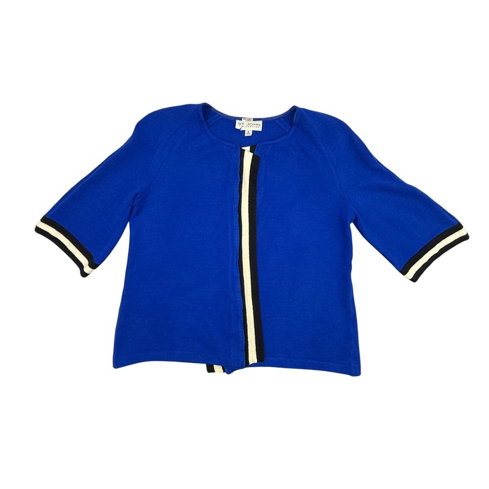 St John Collection Cardigan Women 8 Blue Santana Knit Short Sleeve Contrast Trim